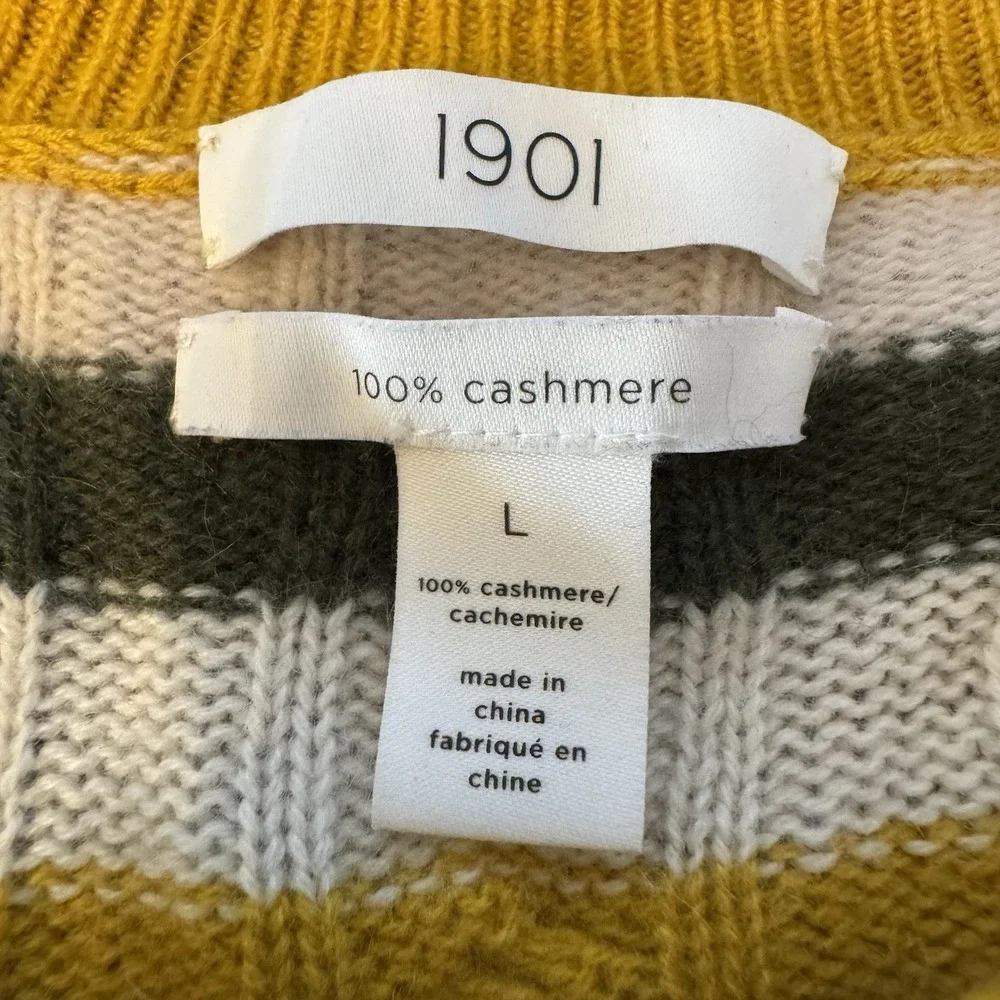 1901 100% Cashmere Cable Knit Striped Multi Color Crew Neck Sweater L Cozy‎